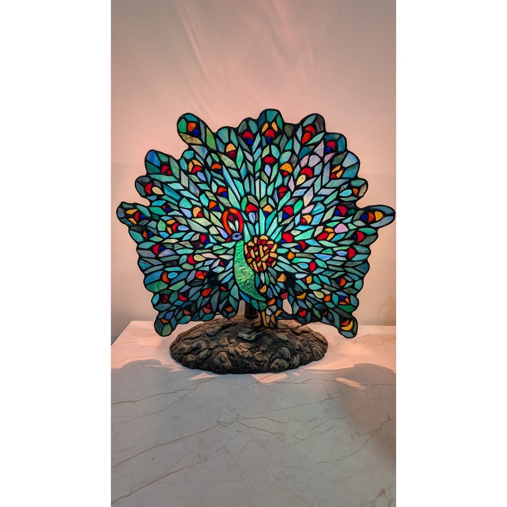 Vintage Stained Glass Peacock Accent Lamp Tiffany Style Colorful Bird Decor